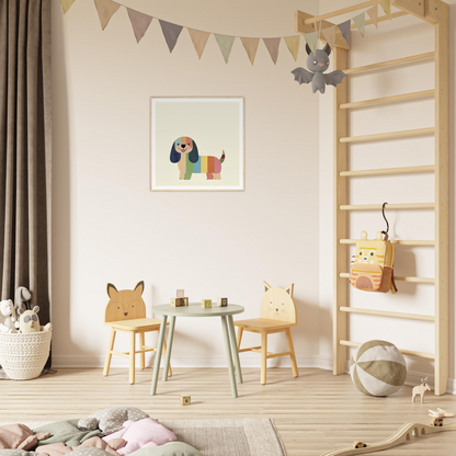Two wooden children’s chairs with animal faces and a table, part of Technicolor Dog Dreaming