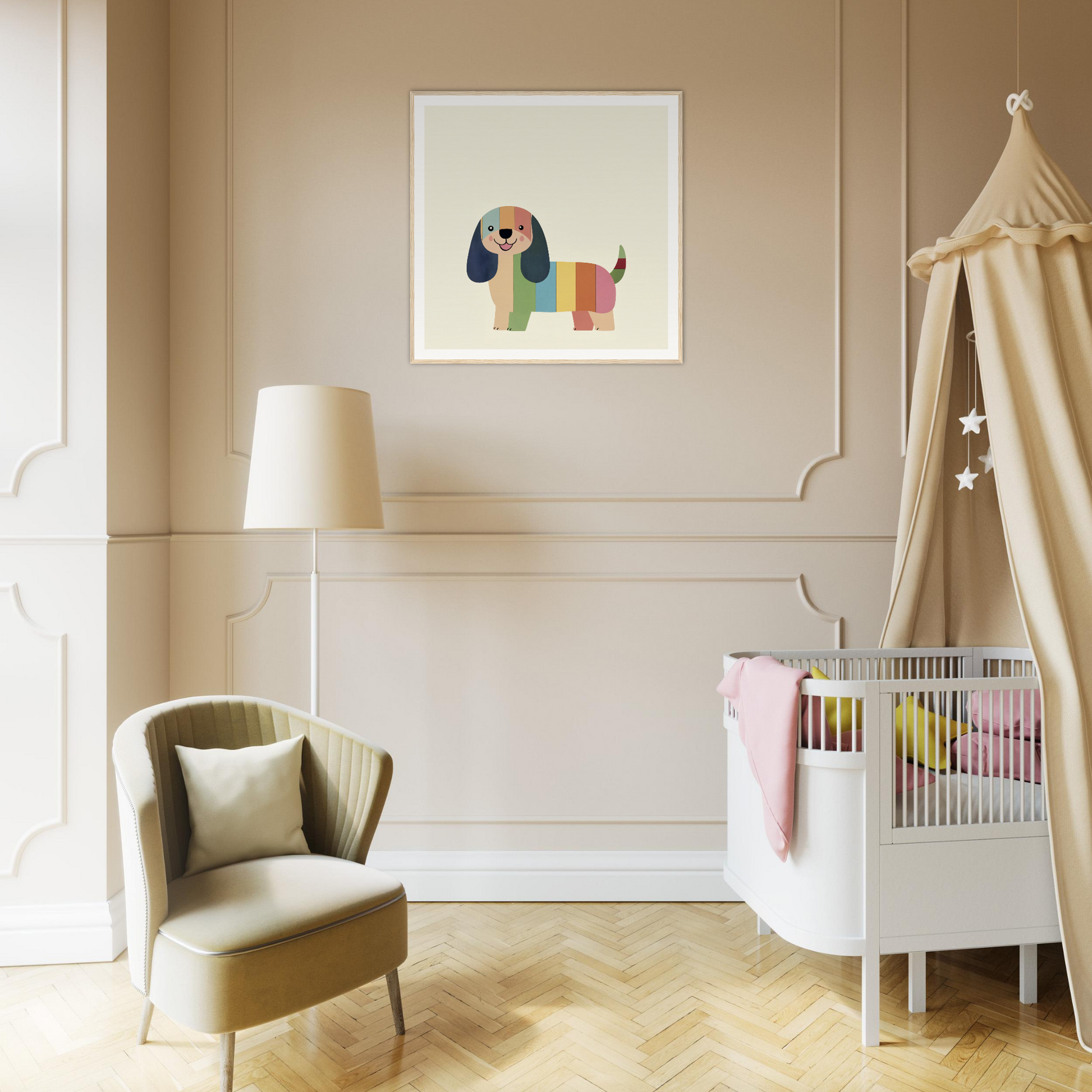 Modern nursery featuring a white crib, beige canopy, and Technicolor Dog artwork