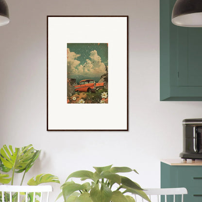 Framed canvas print of a vintage red car with flowers, perfect for Poppy Companion decor