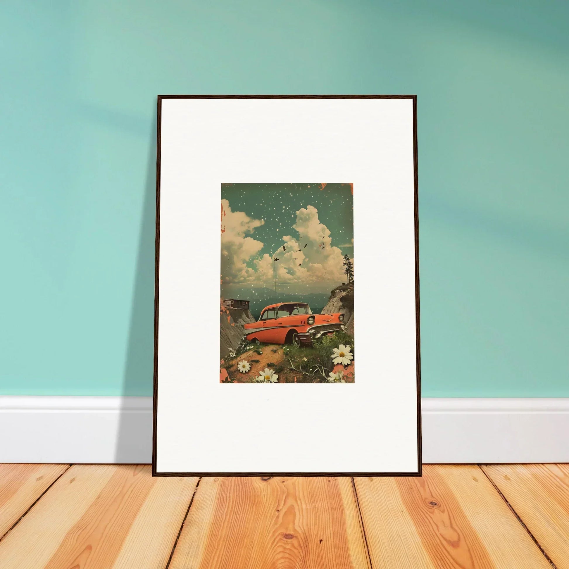 Framed canvas print of a vintage red truck with flowers for your poppy companion room decoration