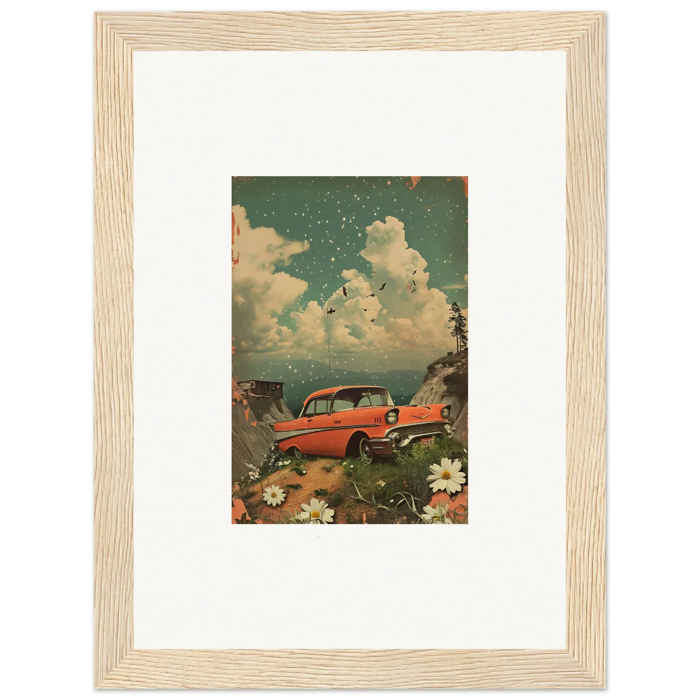 Vintage red classic car illustration with flowers and clouds for Poppy Companion canvas print