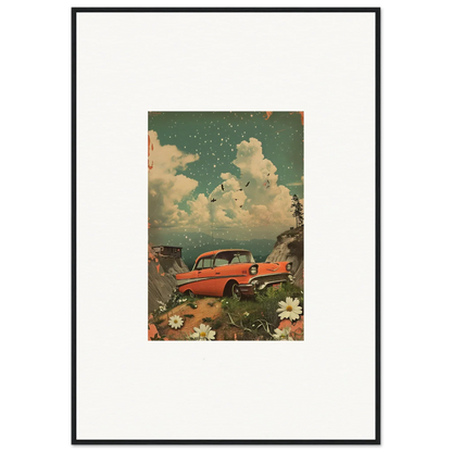 Vintage red classic car illustration surrounded by flowers - perfect for Poppy Companion canvas print