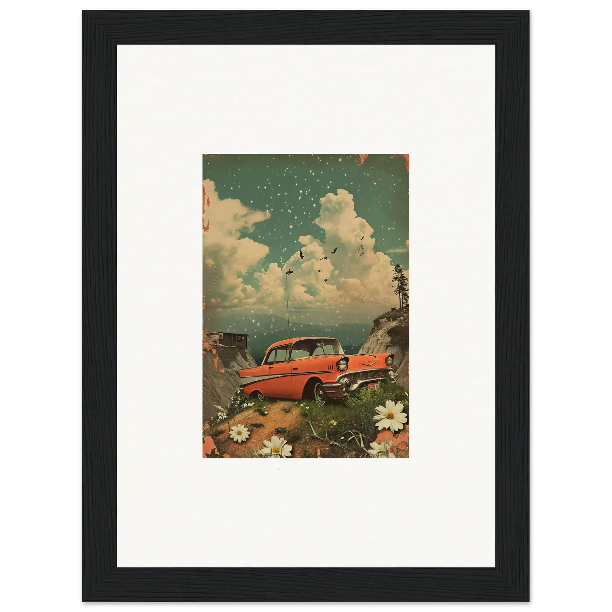 Vintage red car with flowers and clouds for a charming Poppy Companion canvas print