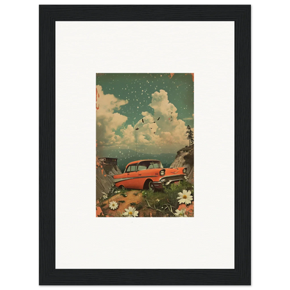 Vintage red car with flowers and clouds for a charming Poppy Companion canvas print