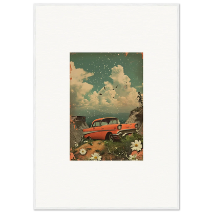 Vintage red car with flowers and clouds perfect for Poppy Companion room decoration canvas print