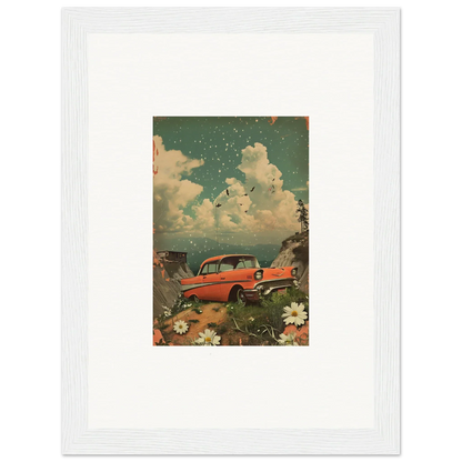 Vintage red car surrounded by flowers and clouds, perfect for your Poppy Companion canvas print