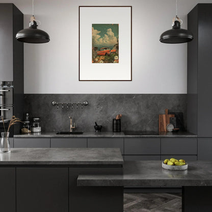 Modern kitchen with dark gray cabinets, vibrant canvas print for poppy companion decor