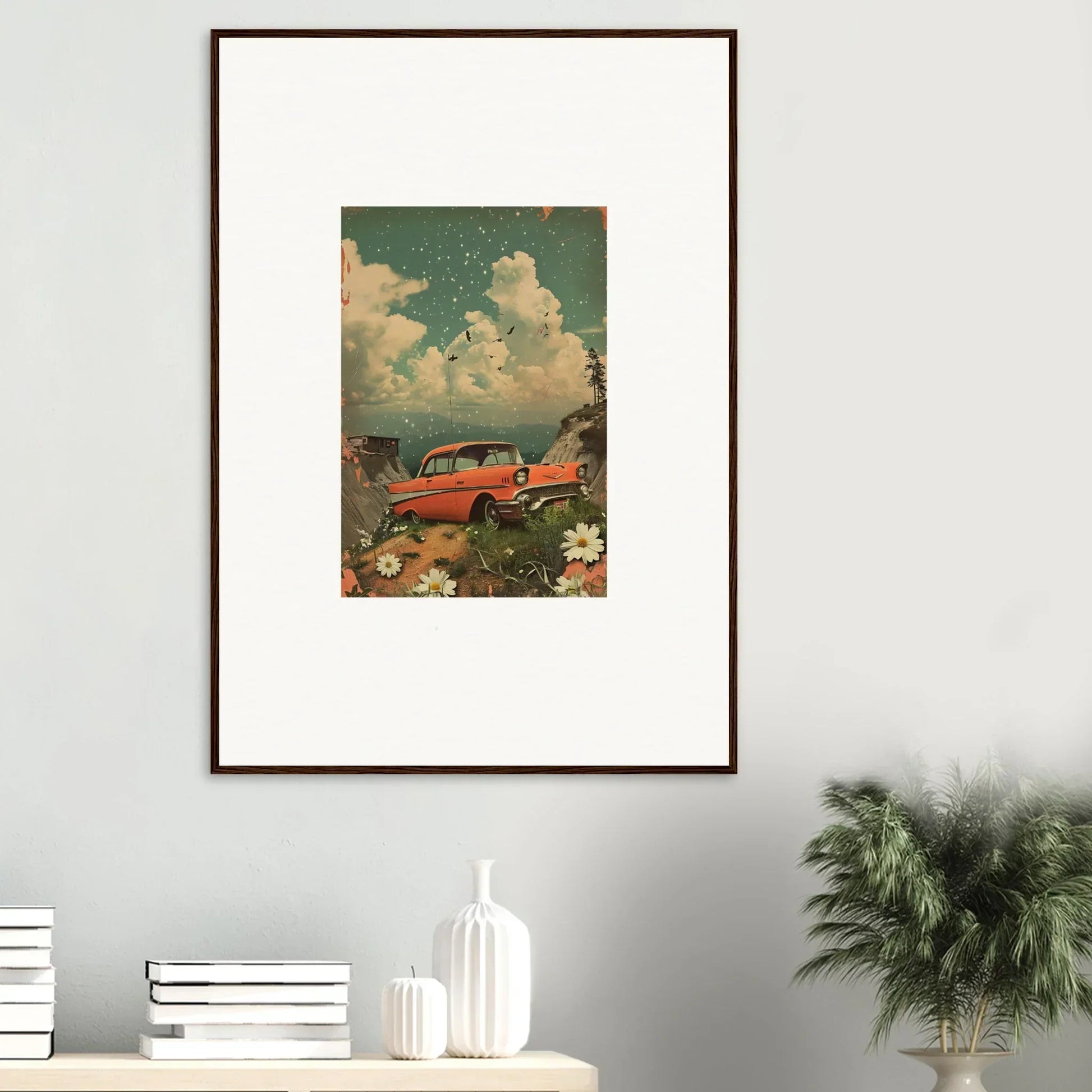 Framed vintage artwork of a red classic car with flowers for your Poppy Companion room decoration