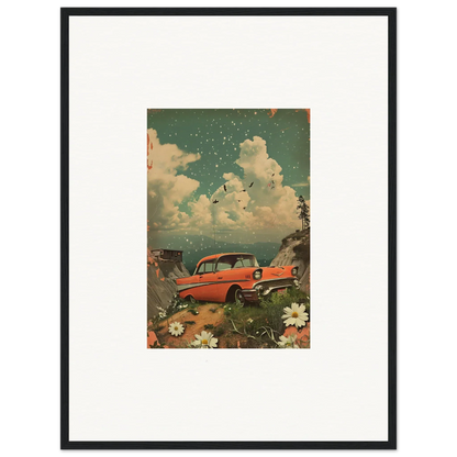 Vintage illustration of a red classic car with flowers, perfect for Poppy Companion canvas print