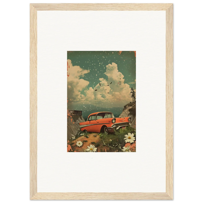 Vintage red car in flowers with clouds, perfect for your Poppy Companion canvas print