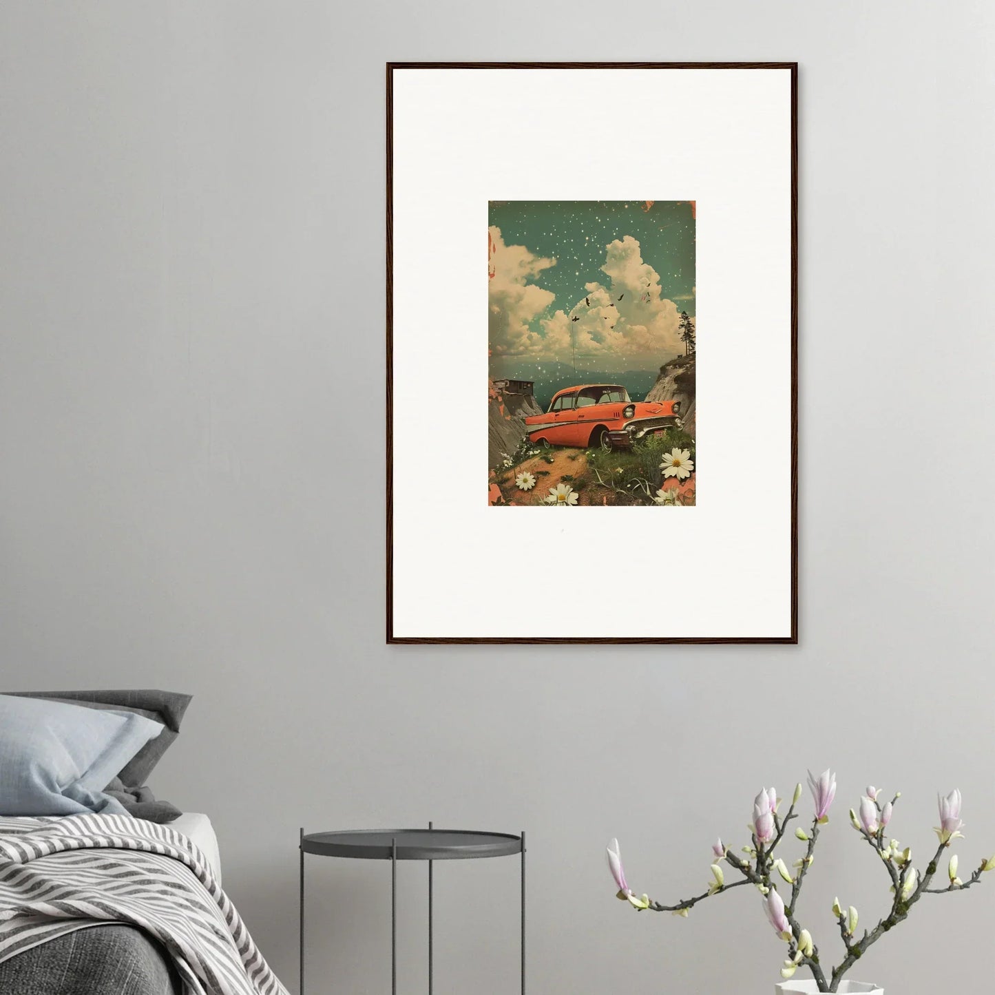 Framed canvas print of a vintage red car in clouds and flowers, ideal poppy companion for room decoration