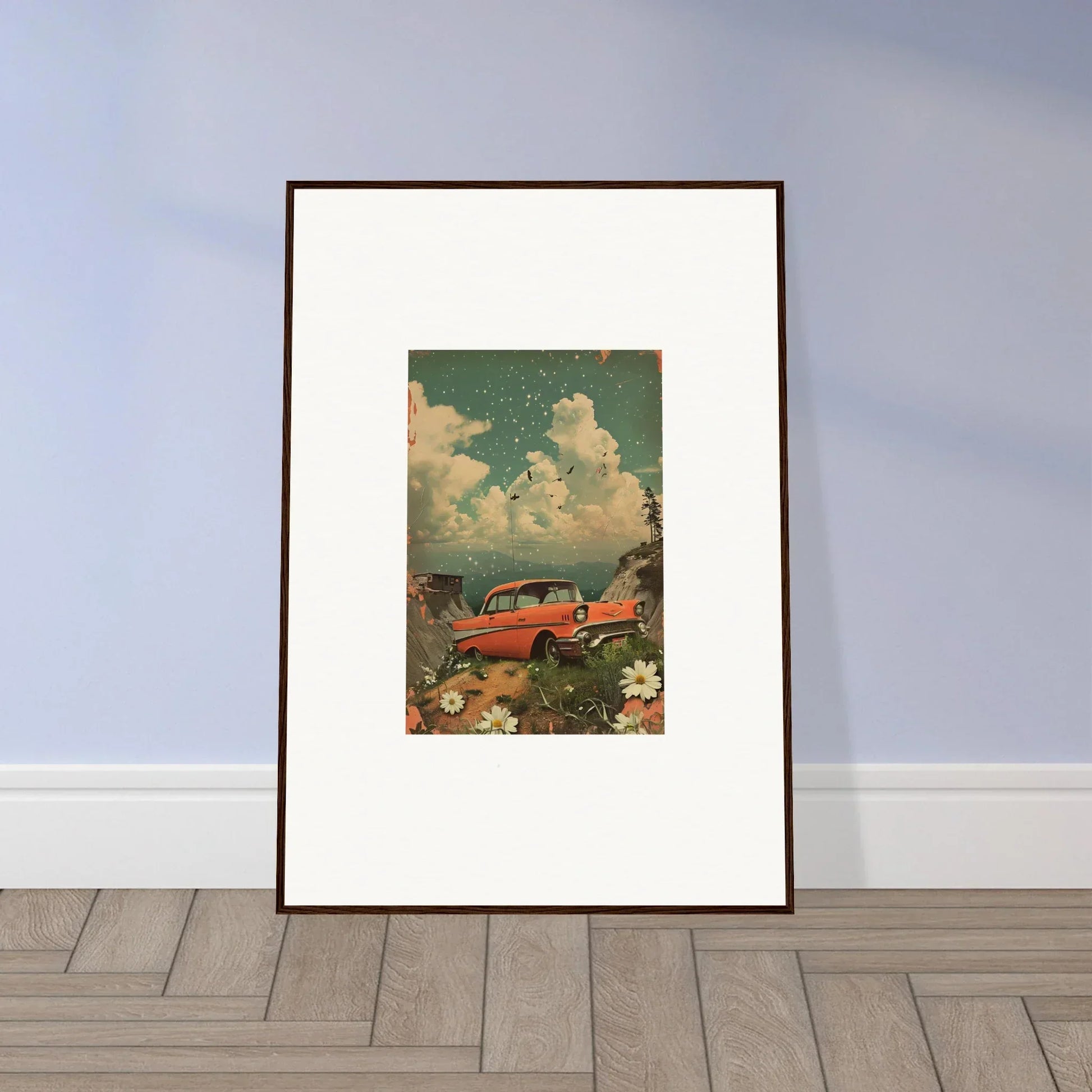 Framed canvas print of a vintage orange car with flowers and clouds for Poppy Companion room decoration