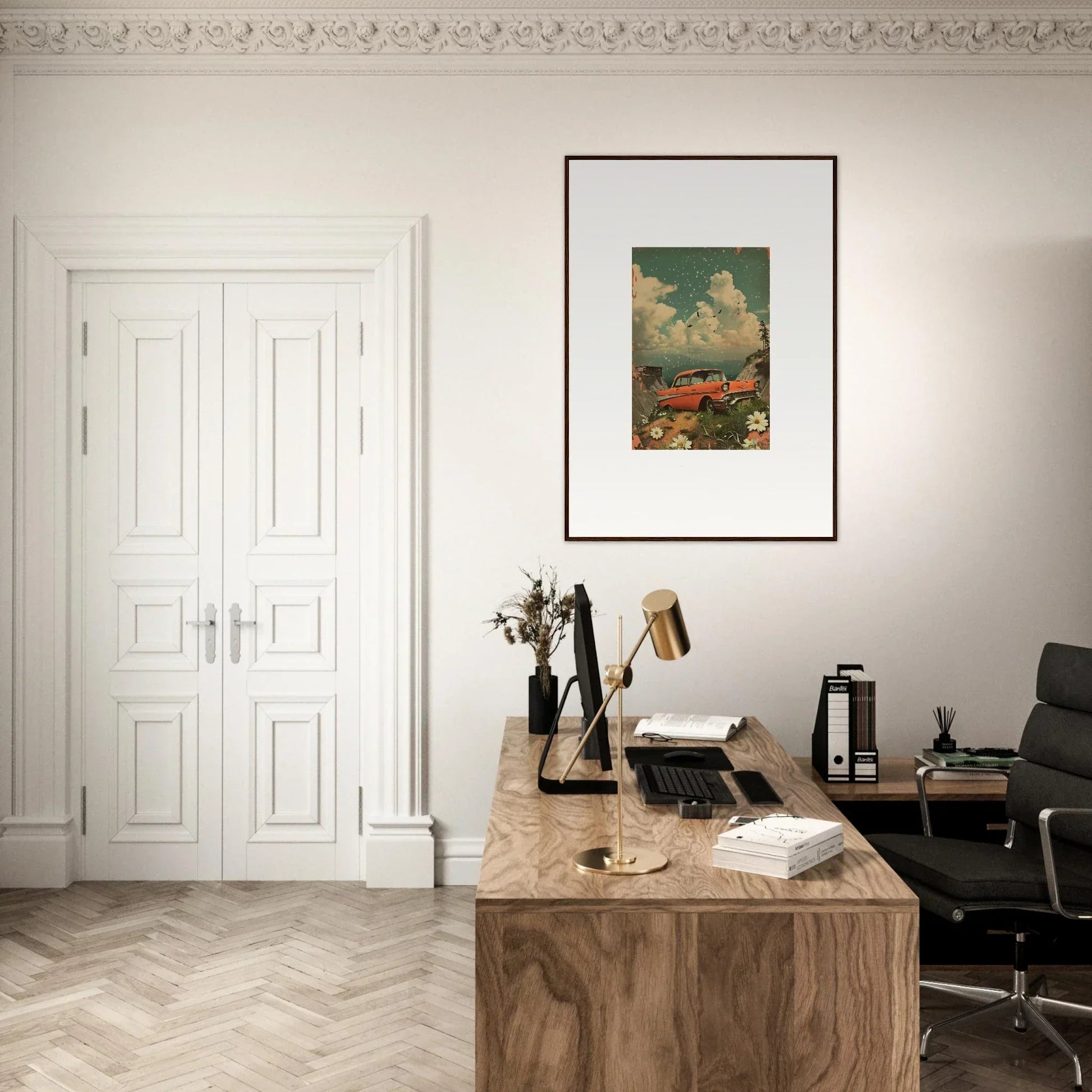 Wooden desk with typewriter and books for a stylish Poppy Companion room decoration