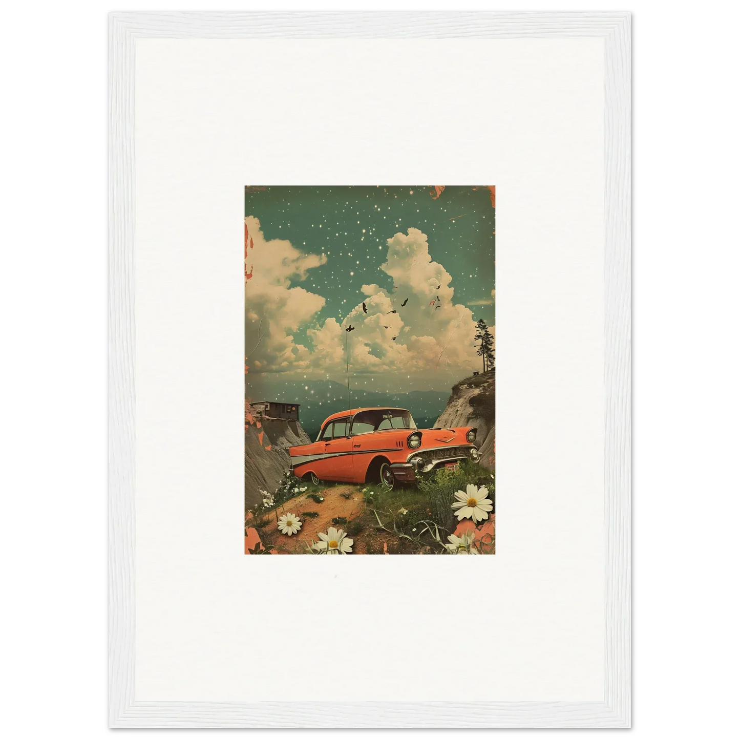 Vintage red car with flowers and clouds, perfect for a Poppy Companion canvas print