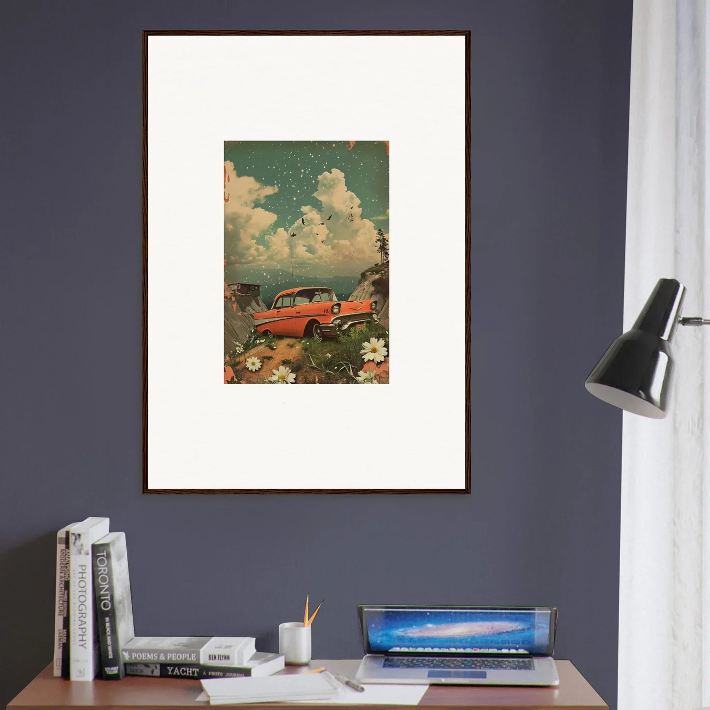 Framed canvas print of a vintage red car in clouds and flowers, perfect poppy companion