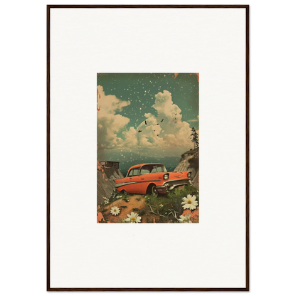 Vintage-style illustration of a red classic car, flowers, and clouds for a Poppy Companion canvas print