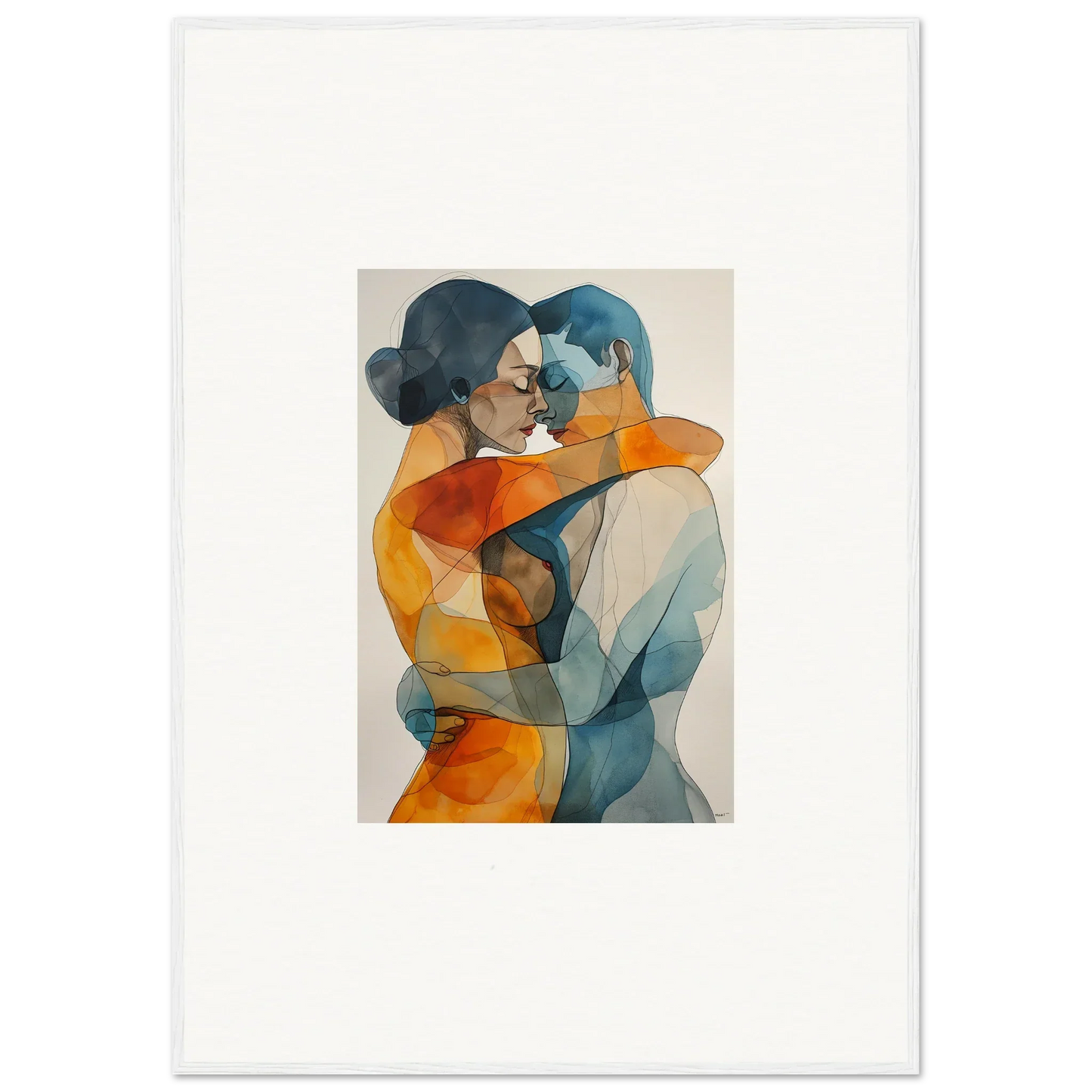 Watercolor canvas print of two embracing figures in blue and orange tones for room decoration