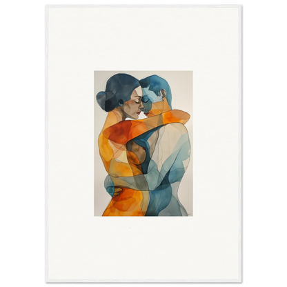 Watercolor canvas print of two embracing figures in blue and orange tones for room decoration