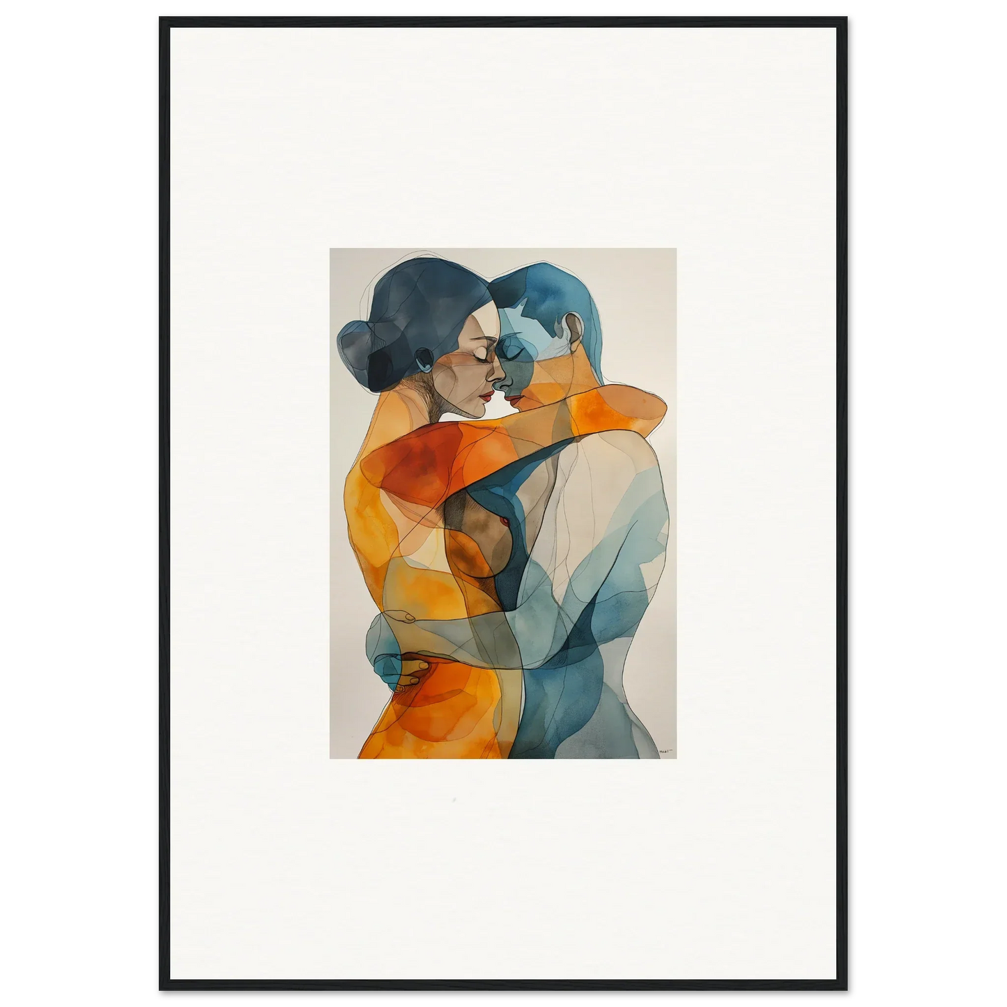 Abstract watercolor of two embracing figures, perfect for room decoration as a canvas print