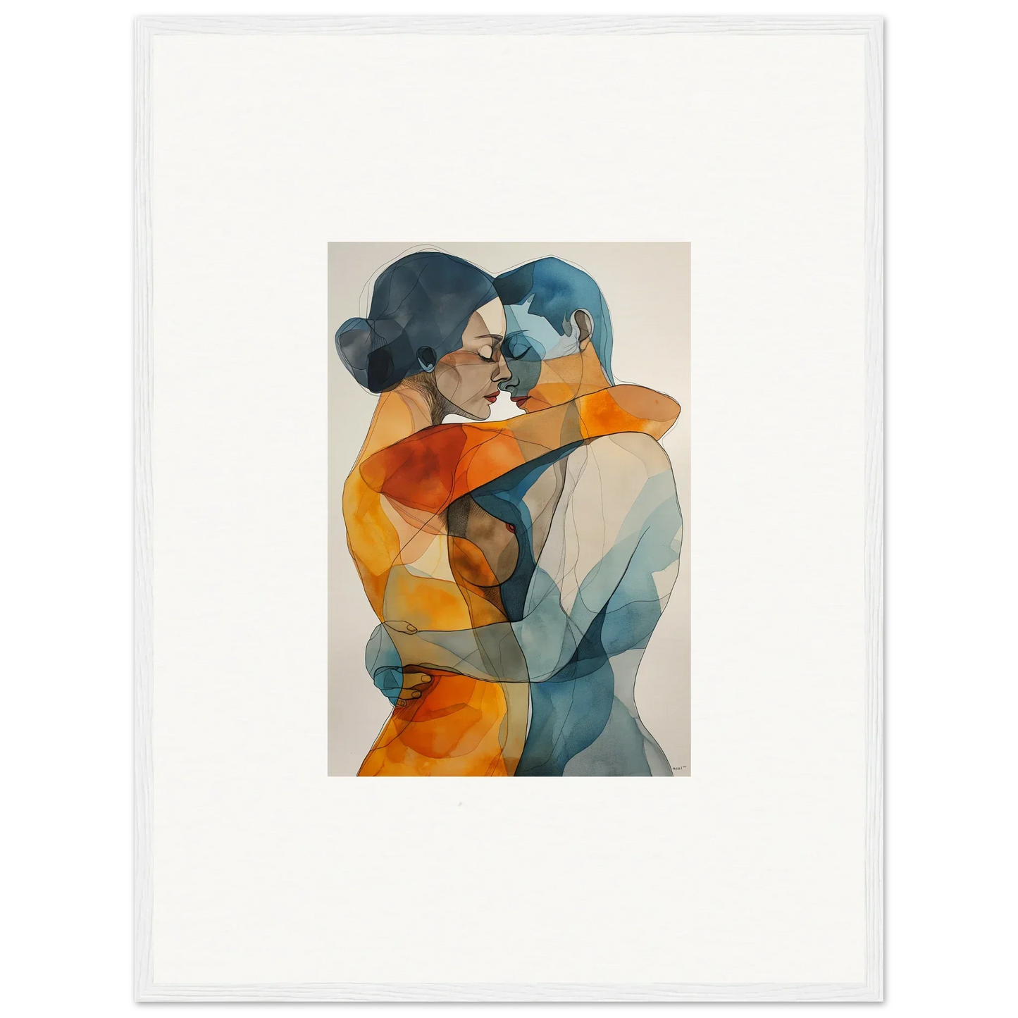 Abstract watercolor of monad intertwined figures in blue and orange for room decoration