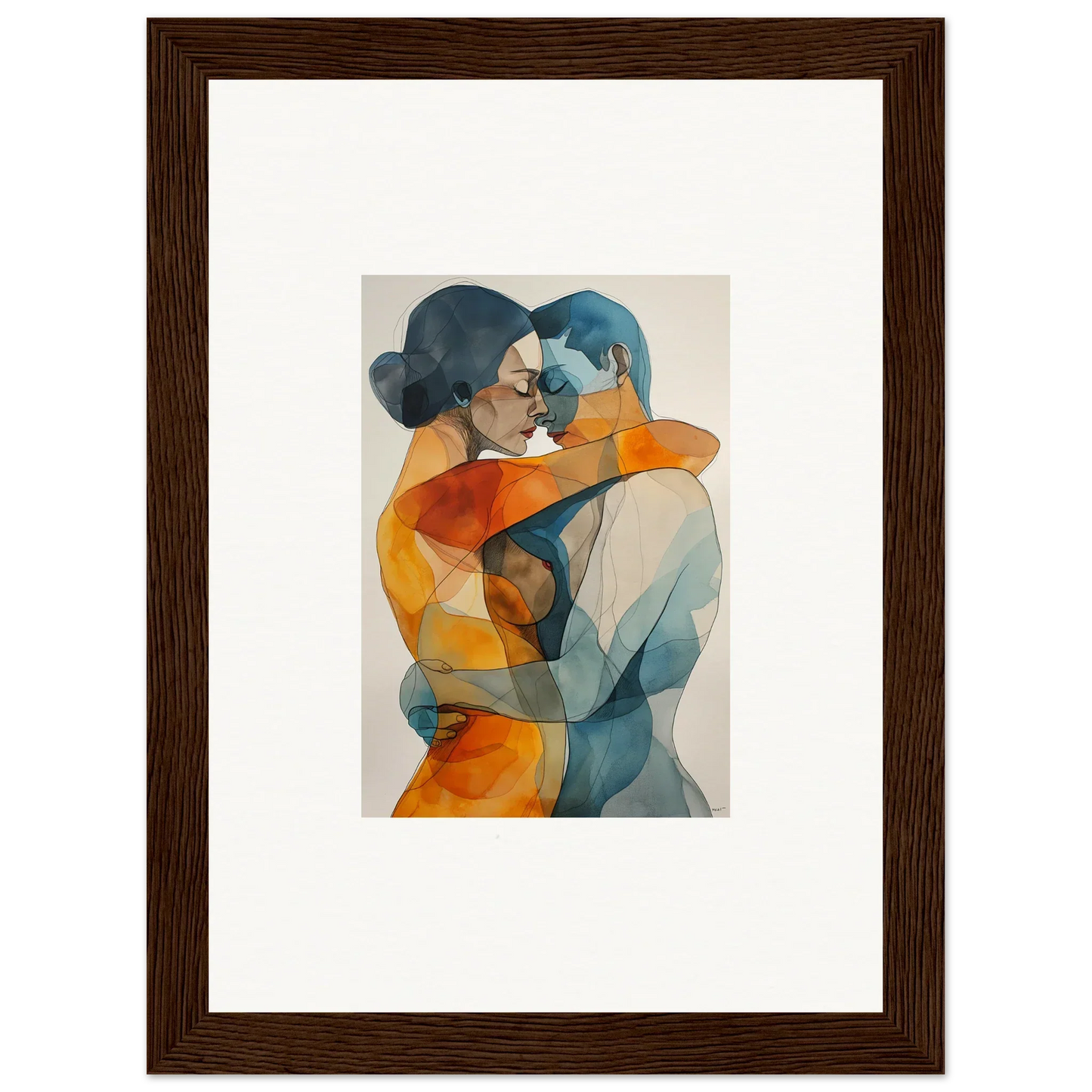 Abstract watercolor of two embracing figures in blue and orange for room decoration canvas print