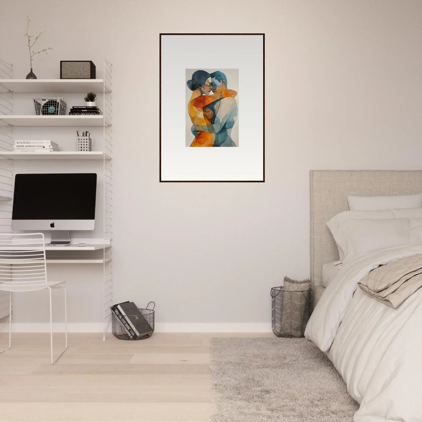 Framed canvas print of Tender Monad Intertwined with embracing figures in blue and orange