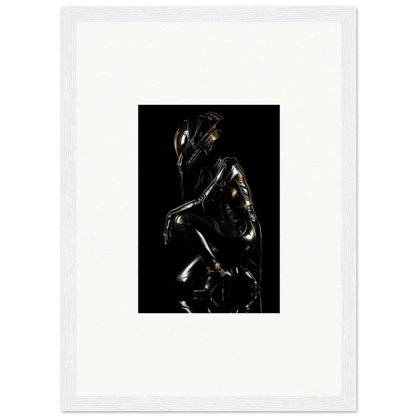 Glossy black sculpture of a crouching humanoid figure with reflective highlights.