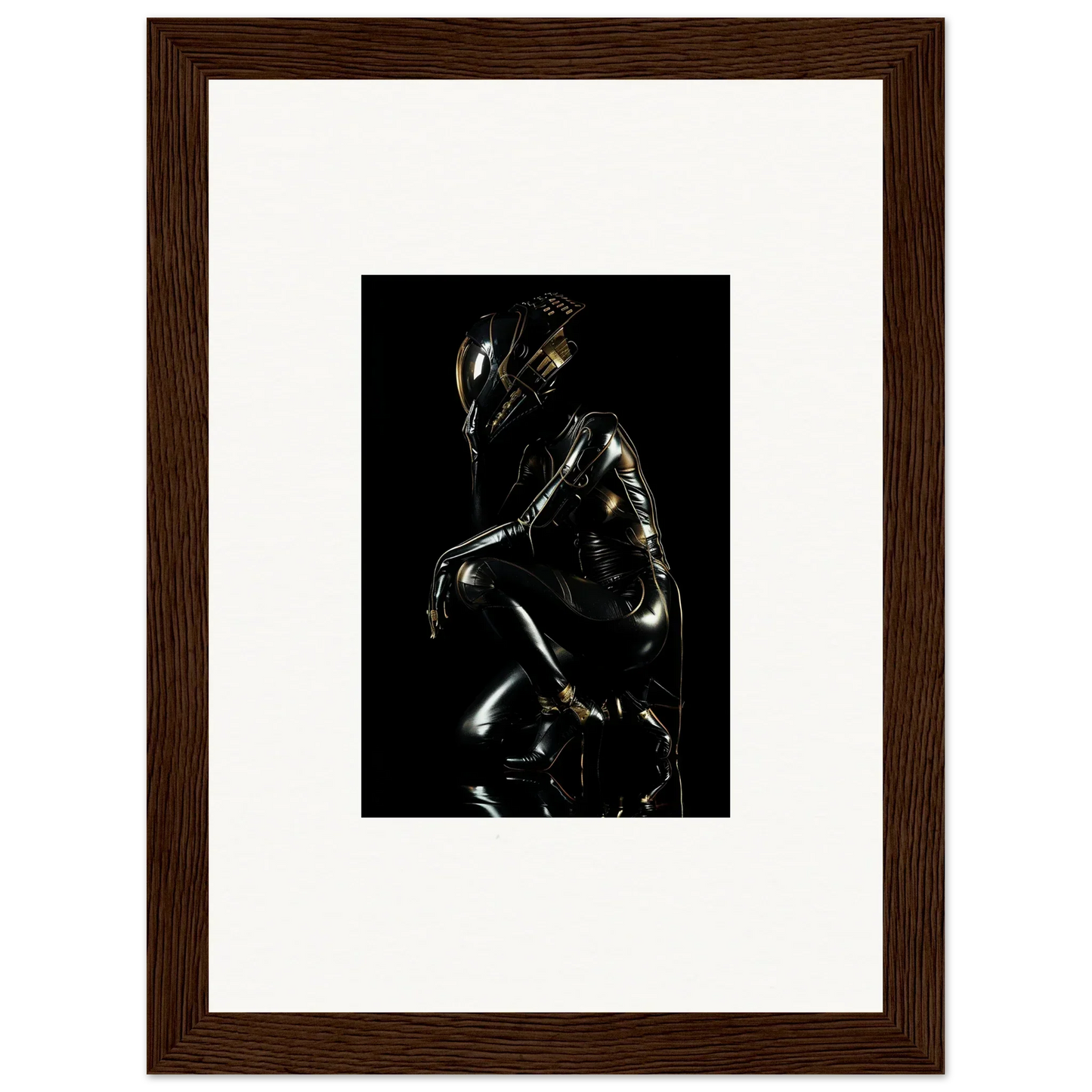 Shiny metallic humanoid figure in a crouched or seated position against a dark background.