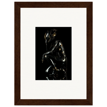 Shiny metallic humanoid figure in a crouched or seated position against a dark background.