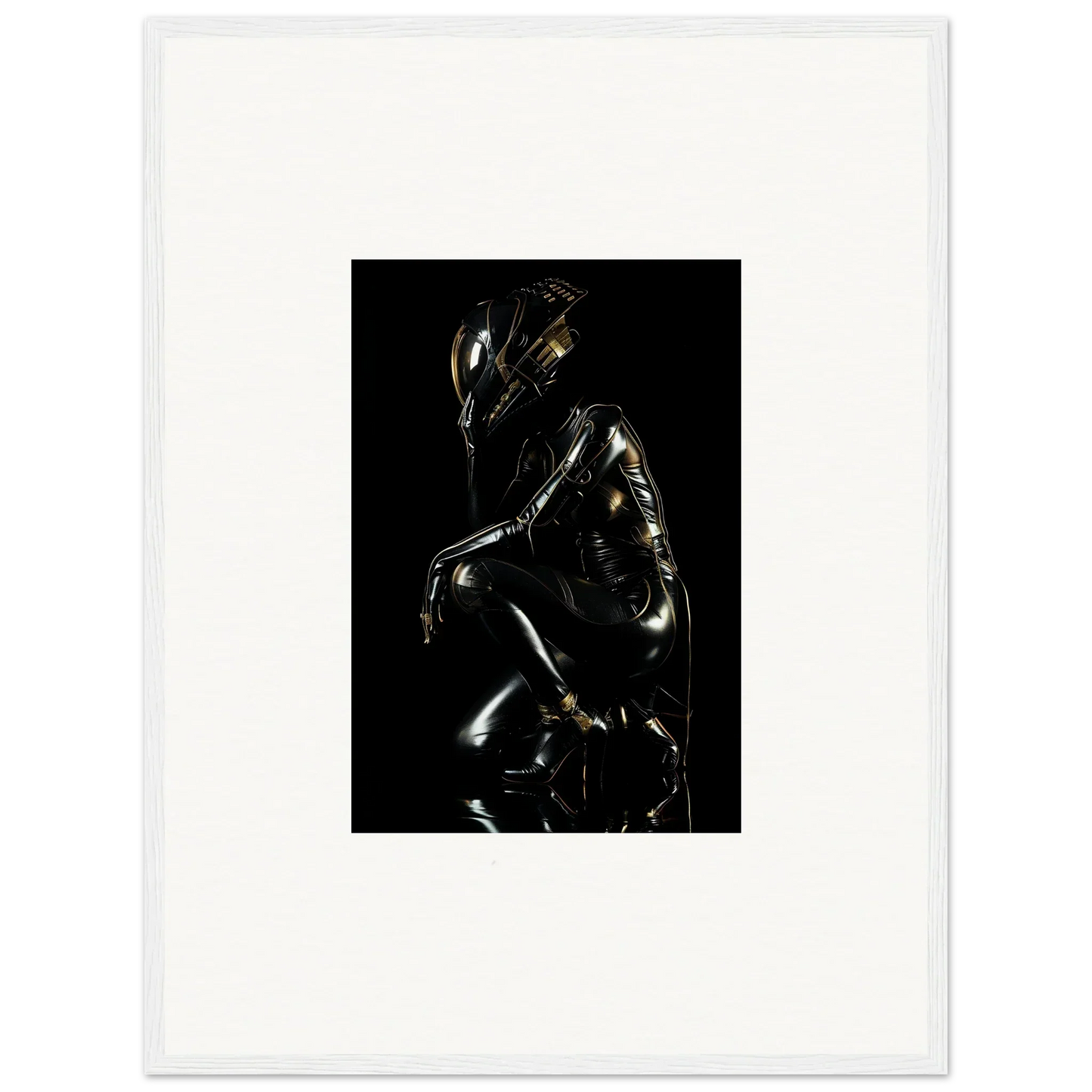 Metallic humanoid figure in a crouched, reflective pose against a dark background.