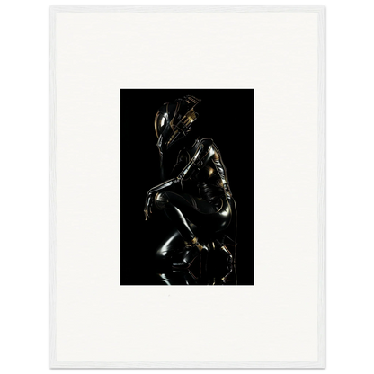 Metallic humanoid figure in a crouched, reflective pose against a dark background.