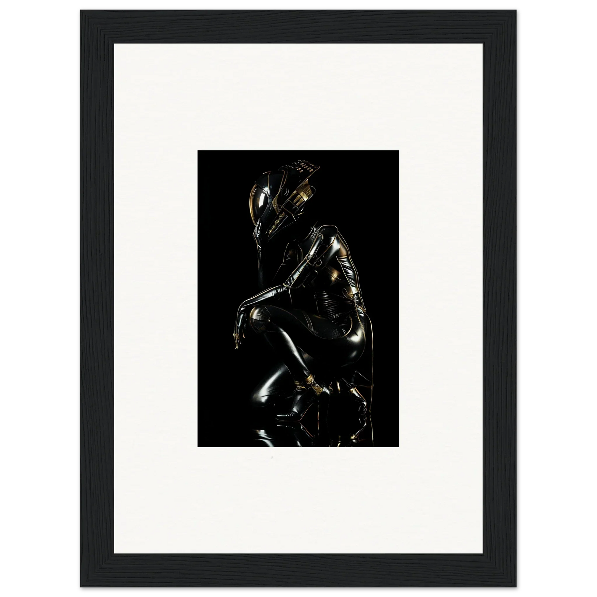 Metallic humanoid figure with a reflective surface in a crouched position.