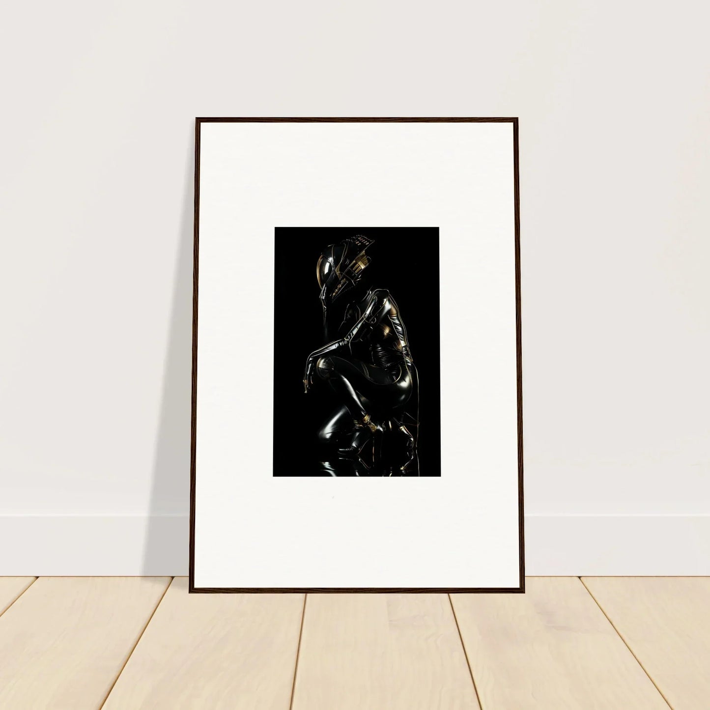 Framed black and white artwork depicting a shadowy human figure.