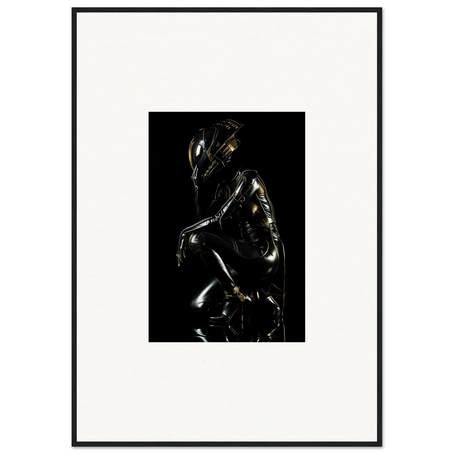 Metallic humanoid figure in a crouched, reflective pose against a dark background.