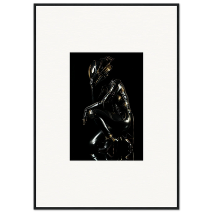 Metallic humanoid figure in a crouched, reflective pose against a dark background.