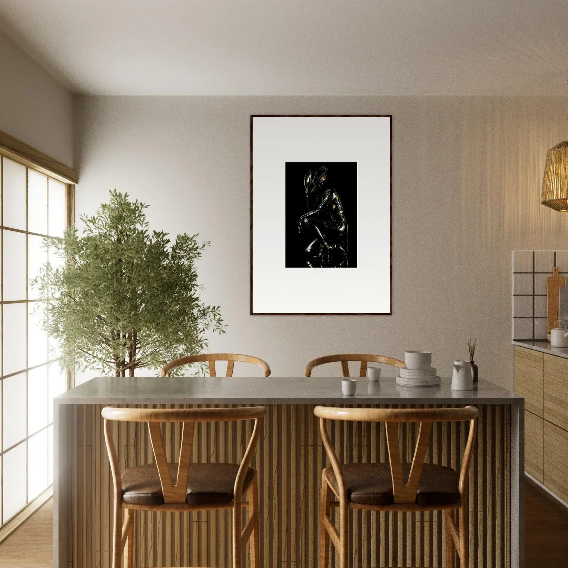 Dining table with wooden chairs and a potted tree.