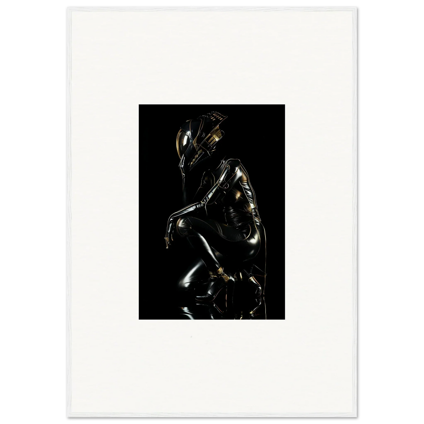 Metallic humanoid figure with a reflective surface in a crouched pose.