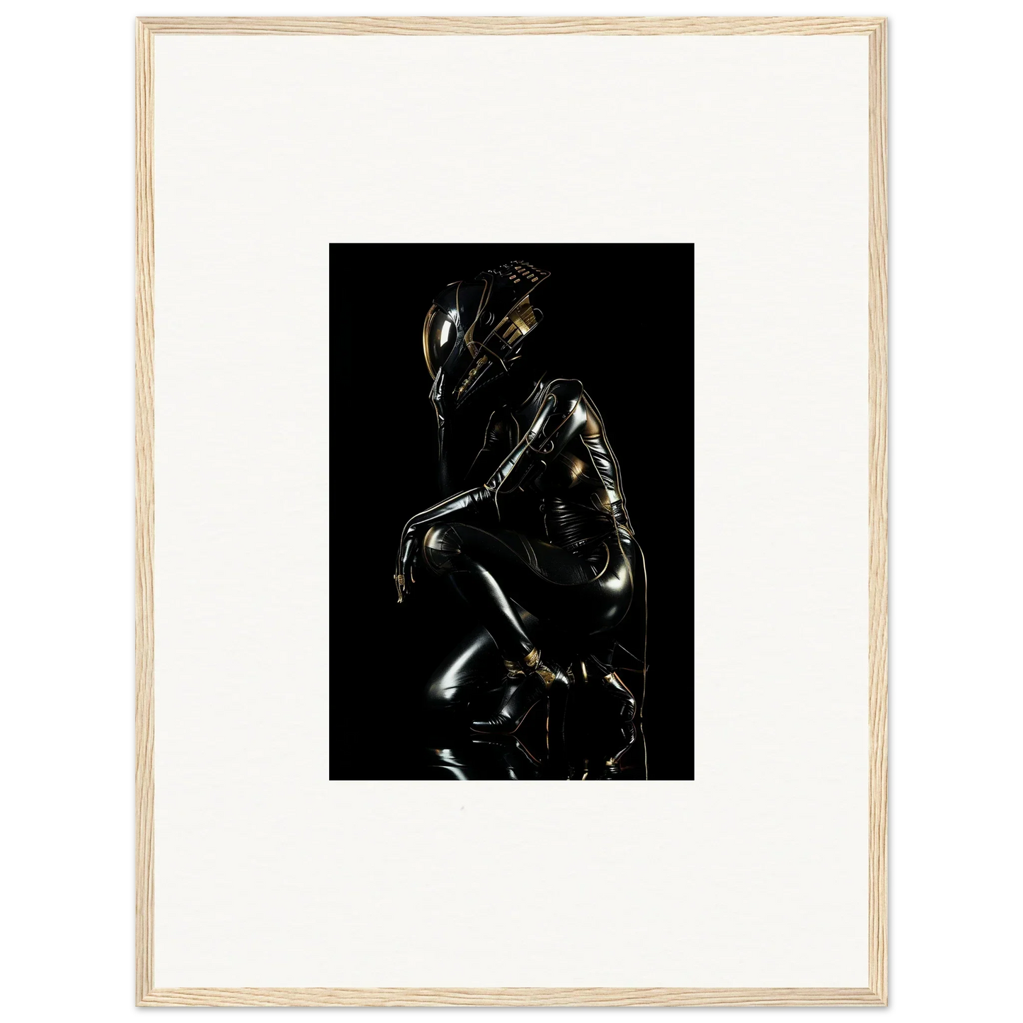 Metallic humanoid figure in a crouched, reflective pose against a dark background.