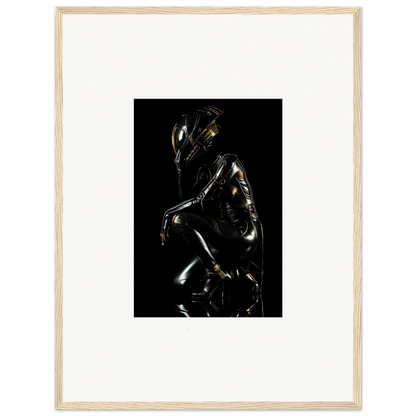 Metallic humanoid figure in a crouched, reflective pose against a dark background.