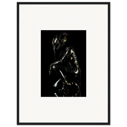 Metallic humanoid figure in a crouched, reflective pose against a dark background.