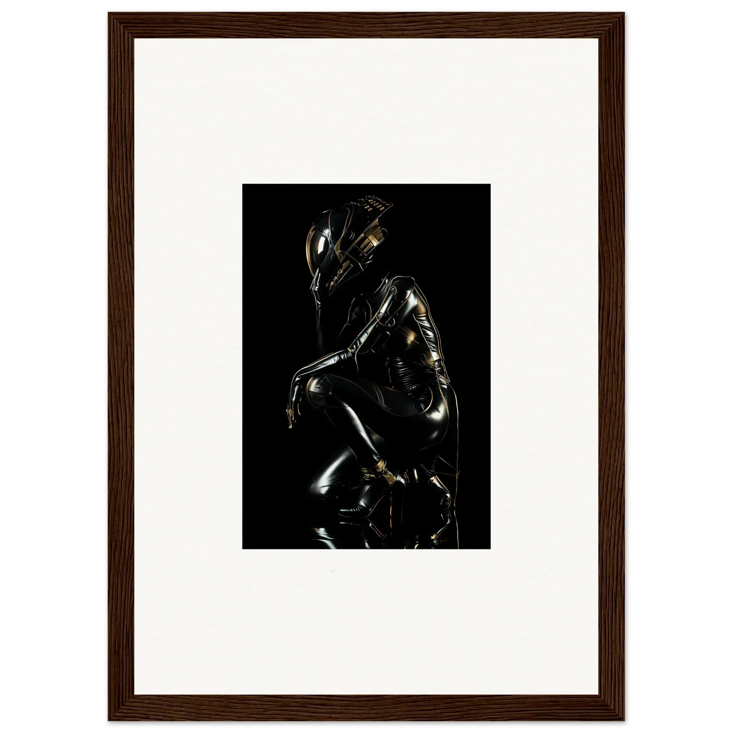 Shiny metallic humanoid figure in a crouched position against a dark background.