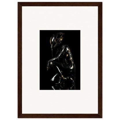 Shiny metallic humanoid figure in a crouched position against a dark background.