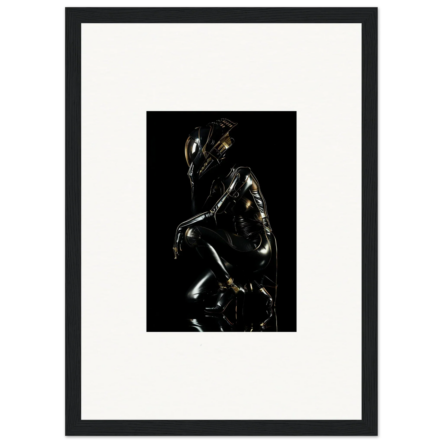 Shiny metallic sculpture of a crouching humanoid figure with an elongated head.