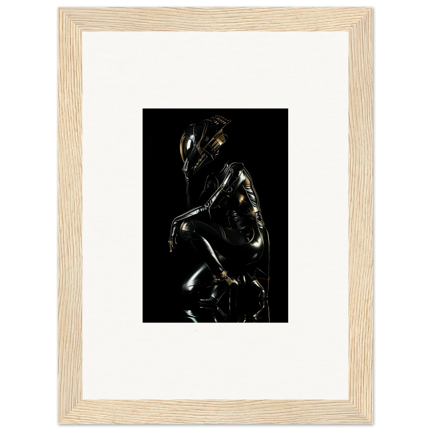 Metallic humanoid figure with a reflective surface in a crouched position.