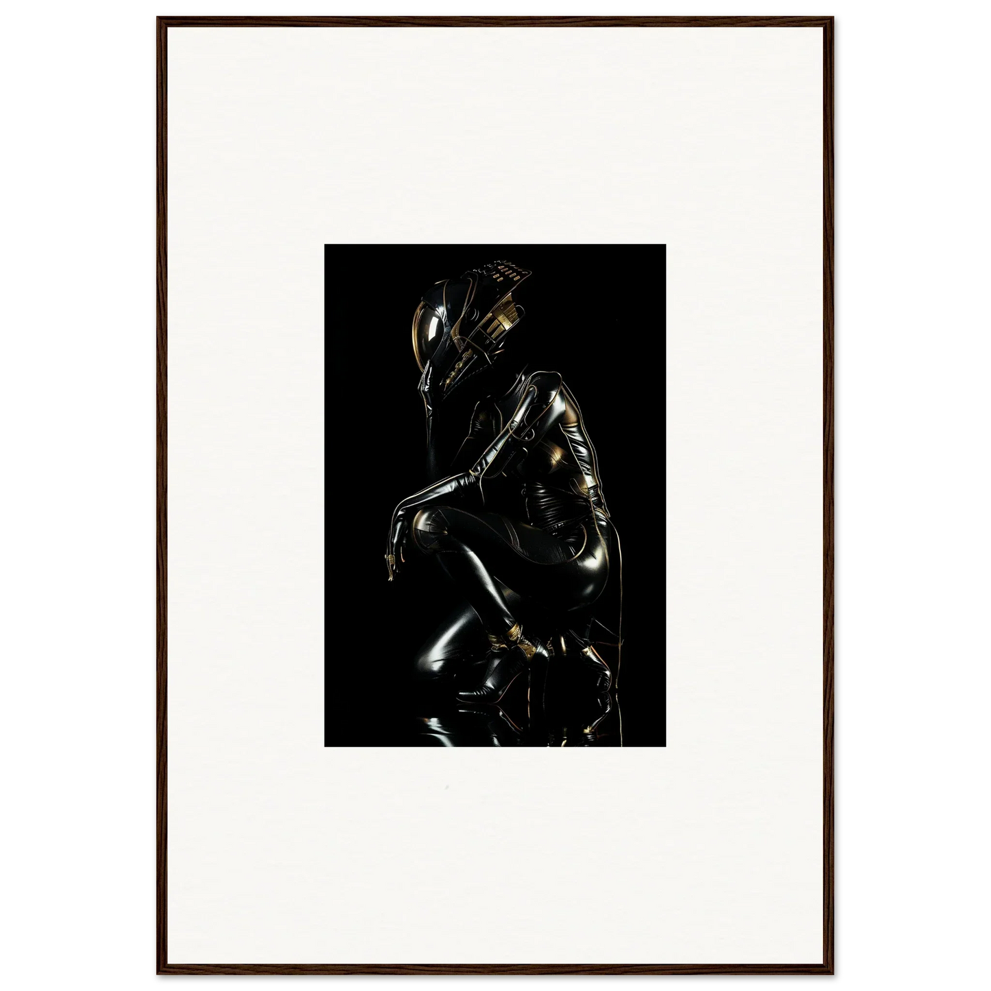 Shiny metallic sculpture of a crouching humanoid figure against a black background.