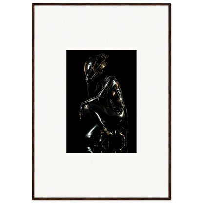 Shiny metallic sculpture of a crouching humanoid figure against a black background.