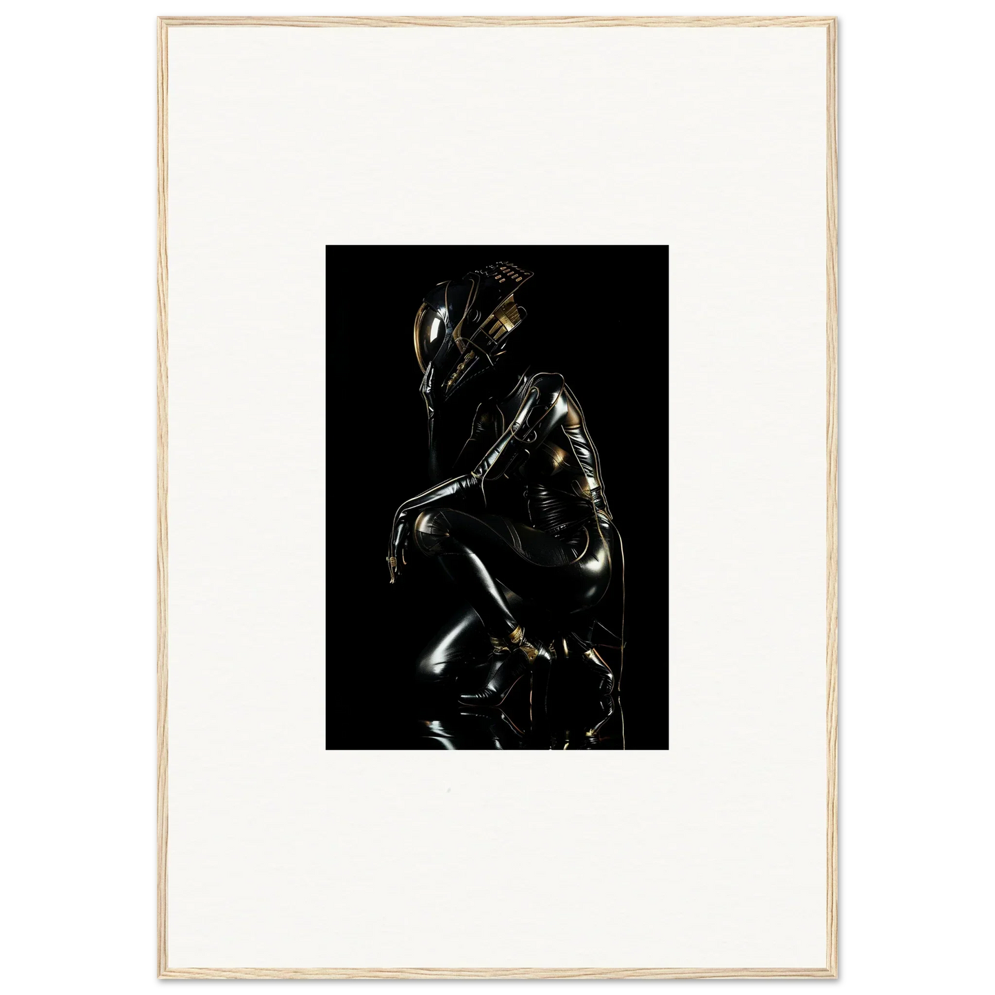 Shiny metallic sculpture of a crouching humanoid figure with an elongated head.