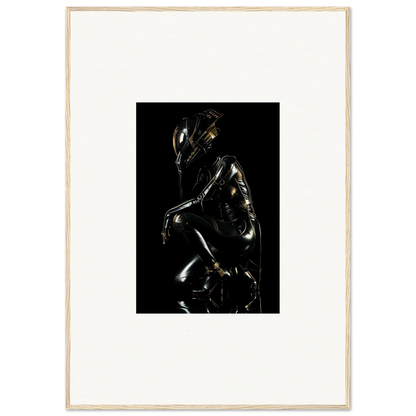 Shiny metallic sculpture of a crouching humanoid figure with an elongated head.