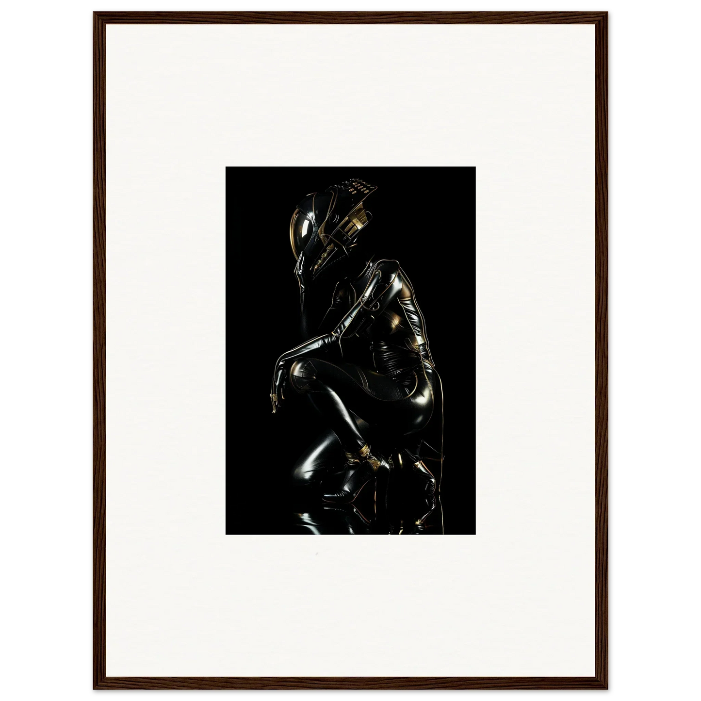 Metallic humanoid figure in a crouched, reflective pose against a dark background.