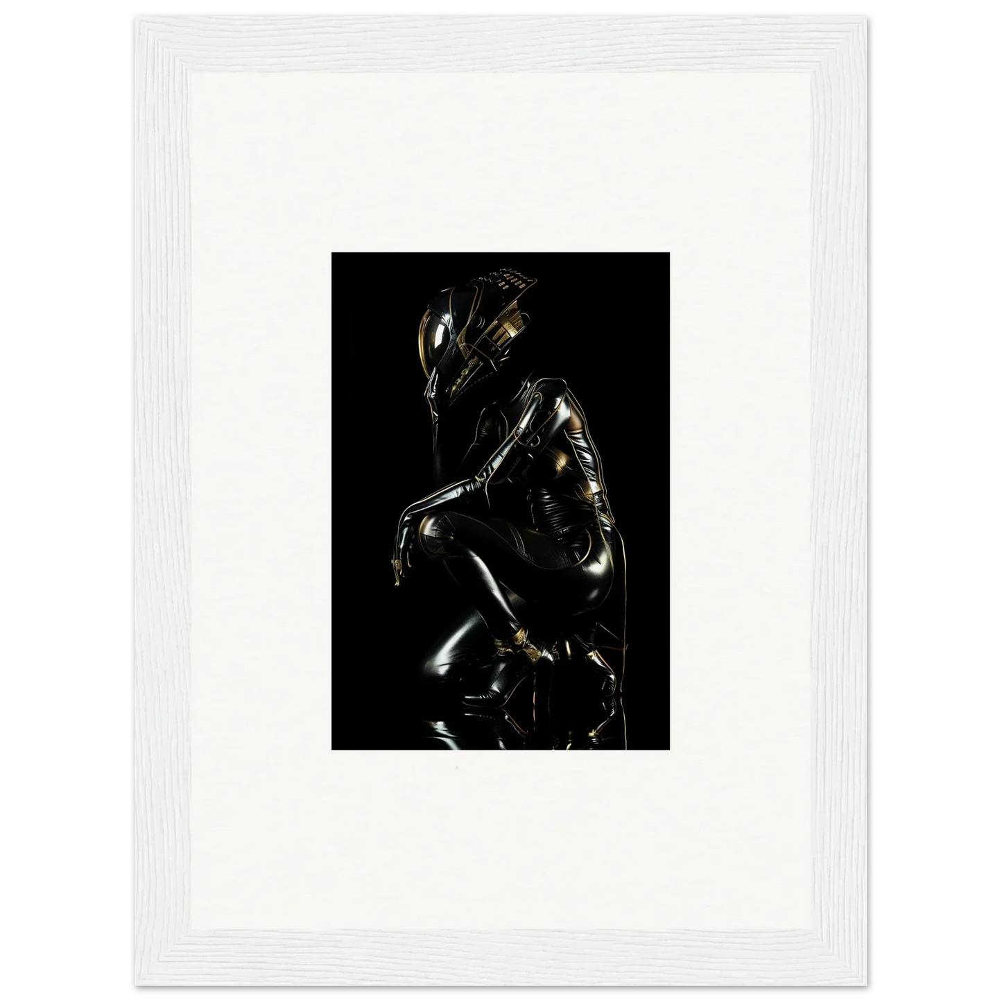 Metallic humanoid figure with a reflective surface in a crouched position.